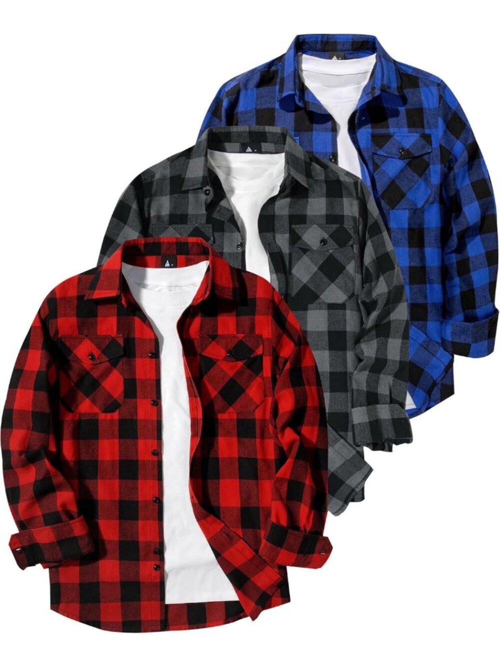 Men's Casual Flannel Shirt - 3 Pack Long Sleeve Plaid Button Down with Pockets